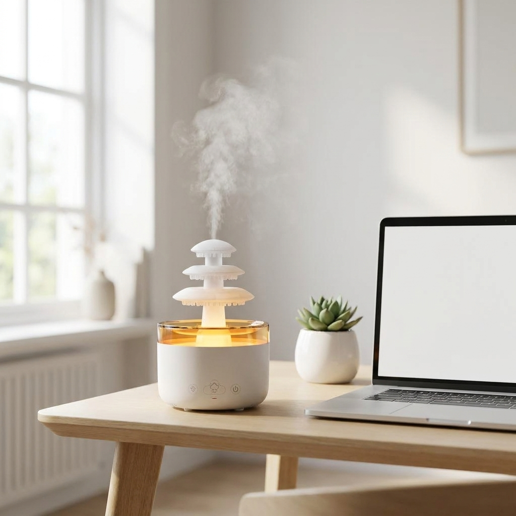 Humidificateur nuage de pluie posé sur un bureau en bois clair à côté d'un ordinateur portable, en lumière du jour