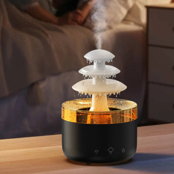 Dimensions de l'humidificateur nuage de pluie : 16,1 cm de diamètre sur 24 cm de haut, réservoir de 500 ml