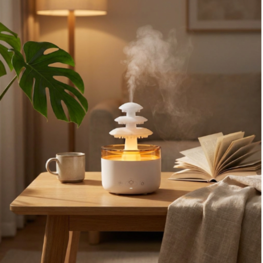 Humidificateur nuage de pluie sur une table basse de salon, à côté d'une tasse et d'un livre ouvert
