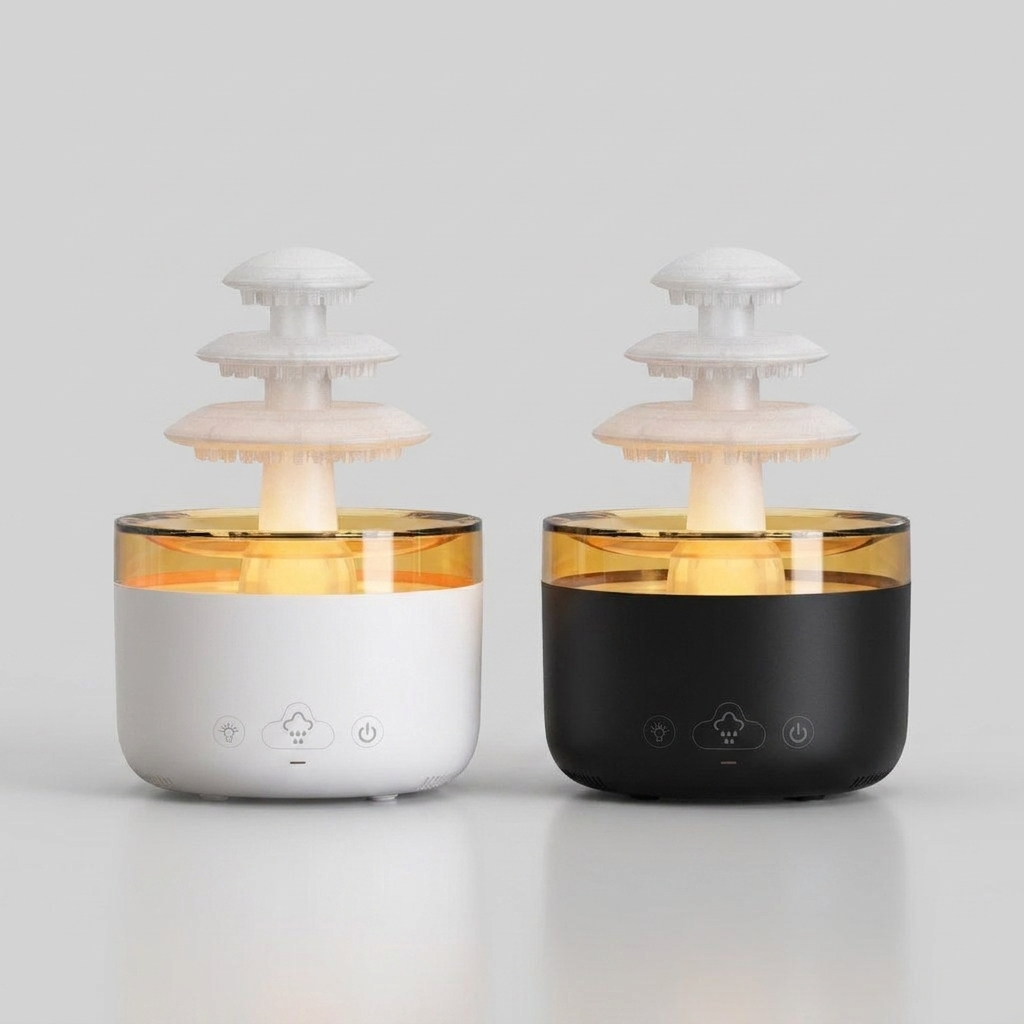 Les deux coloris de l'humidificateur nuage de pluie côte à côte sur fond studio neutre