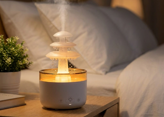 Humidificateur nuage de pluie Sublime Shop allumé en lumière ambrée sur une table de chevet en bois clair, dans une chambre au linge de lit blanc