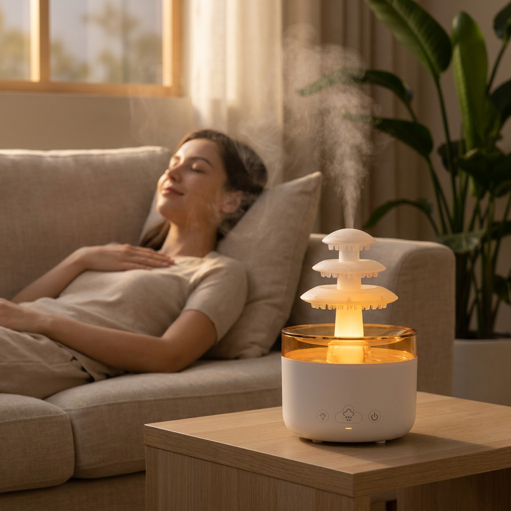 Femme allongée sur un canapé en lin beige, détendue, près de l'humidificateur nuage de pluie qui diffuse sa brume