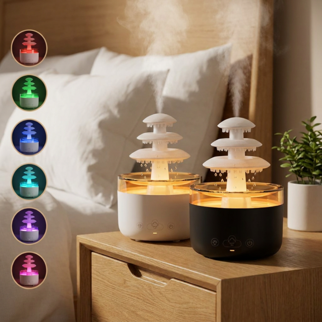 Les deux coloris de l'humidificateur nuage de pluie, blanc et noir, avec un aperçu des sept couleurs de veilleuse LED disponibles